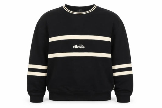 Front view of Ellesse Women Black Beige Stripe Crew Neck Sweatshirt UK14