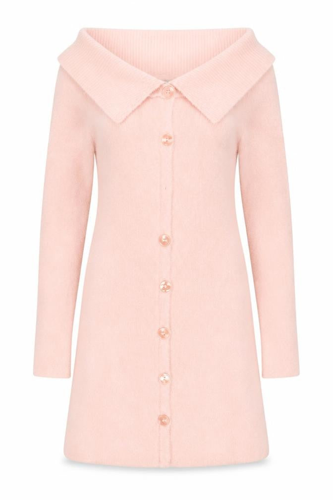 Front view of ASOS Women’s Pink Off Shoulder Knit Jumper Dress, size UK 12
