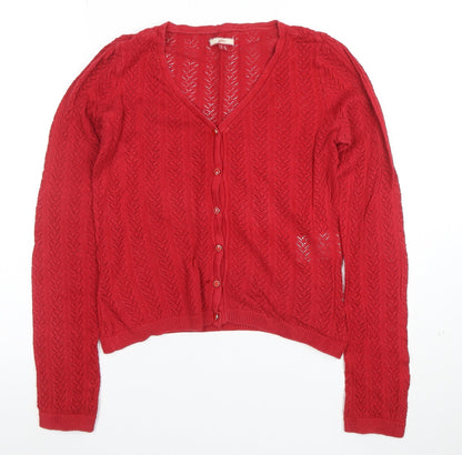 Joe Browns Women Red V-Neck Open-Knit Button Cardigan Size 8
