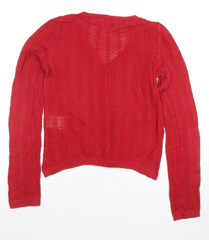 Joe Browns Women Red V-Neck Open-Knit Button Cardigan Size 8