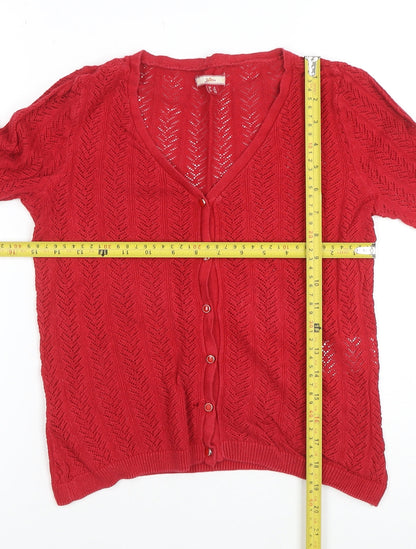 Joe Browns Women Red V-Neck Open-Knit Button Cardigan Size 8