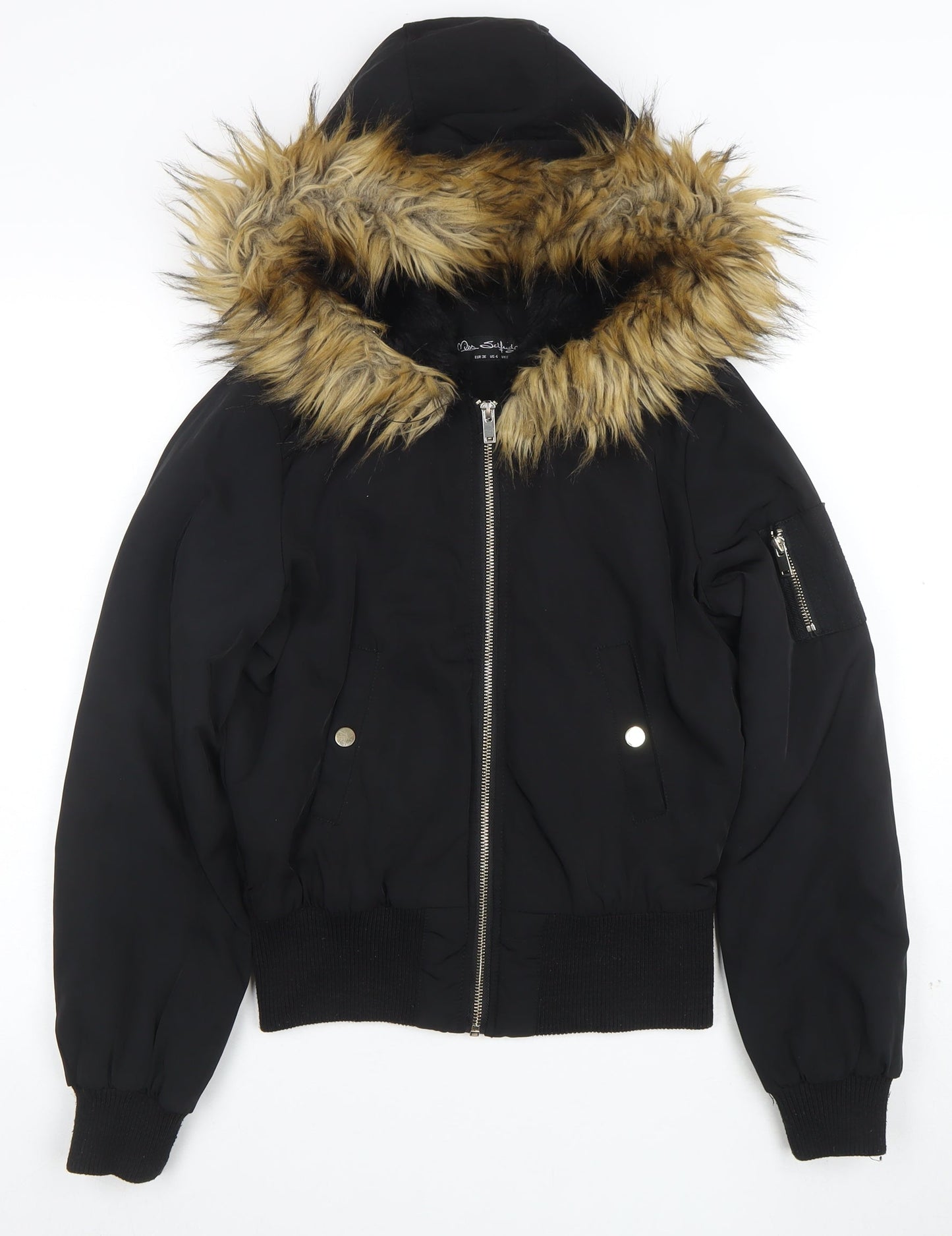 Miss Selfridge Women's Black Faux Fur Hooded Bomber Jacket UK 8