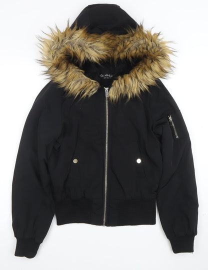 Miss Selfridge Women's Black Faux Fur Hooded Bomber Jacket UK 8