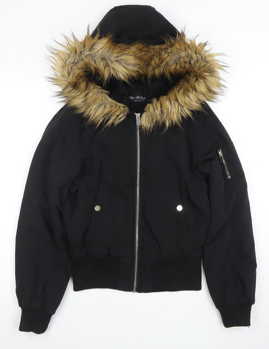 Miss Selfridge Women's Black Faux Fur Hooded Bomber Jacket UK 8