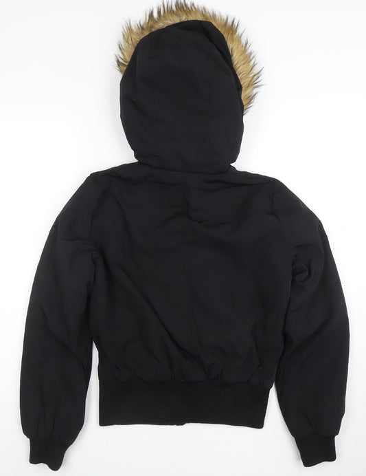 Miss Selfridge Women's Black Faux Fur Hooded Bomber Jacket UK 8
