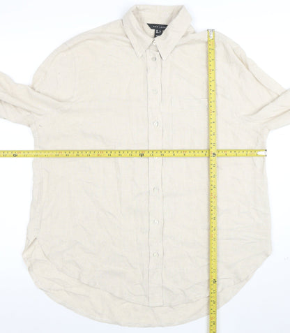 New Look Women Beige Long Sleeve Linen Button-Up Shirt Size 8