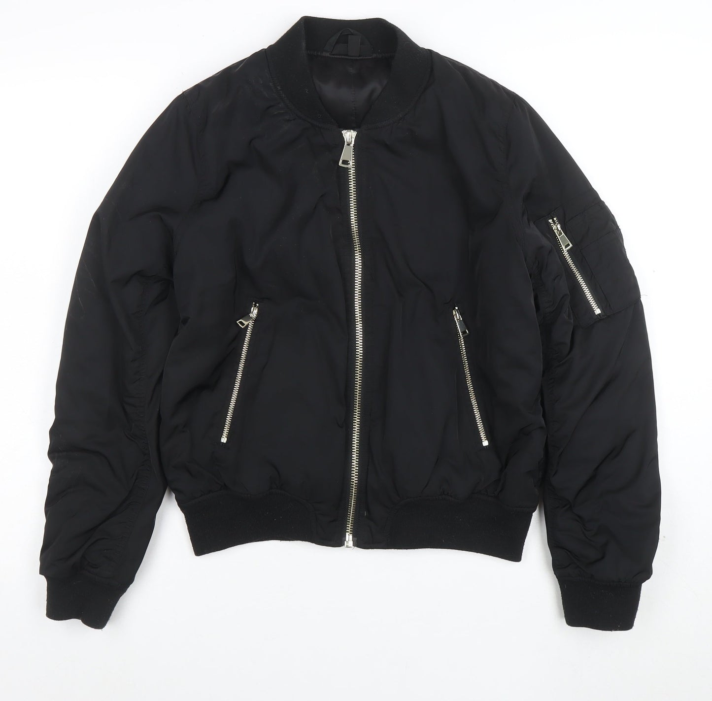 Topshop Women's Black Bomber Jacket Size 12 Lined Zip Casual