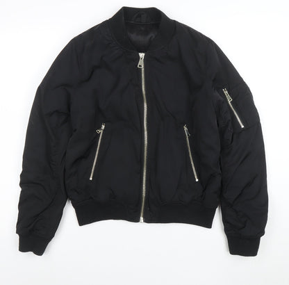 Topshop Women's Black Bomber Jacket Size 12 Lined Zip Casual