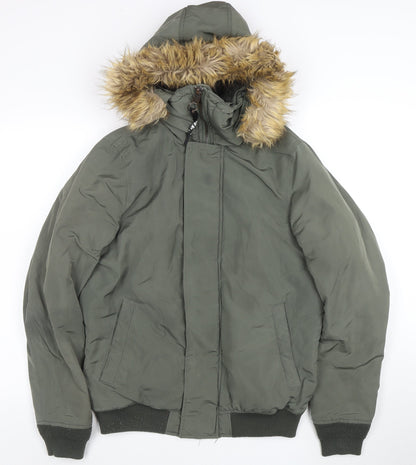 Pull & Bear Women's Green Faux Fur Hooded Puffer Jacket Size 10