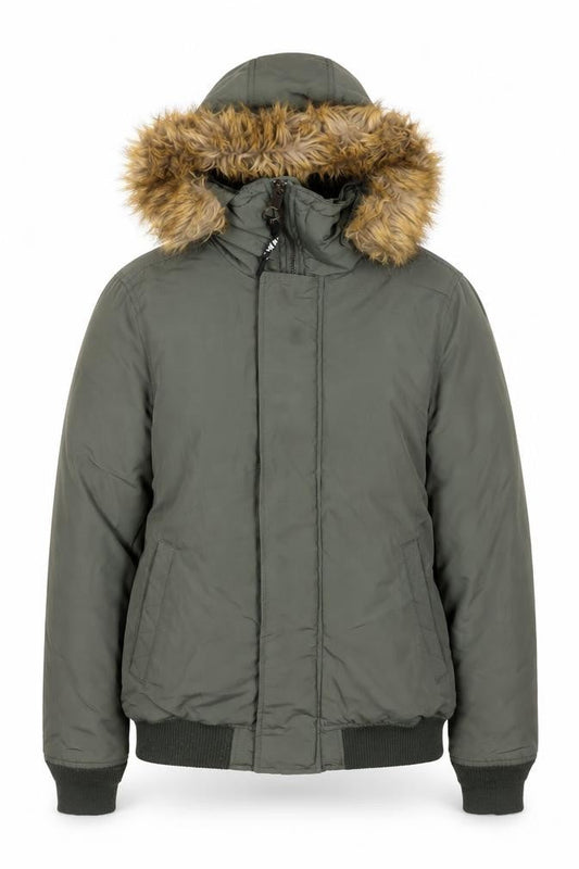 Pull & Bear Women's Green Faux Fur Hooded Puffer Jacket Size 10