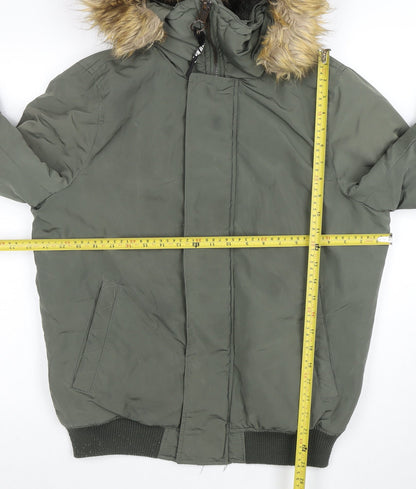 Pull & Bear Women's Green Faux Fur Hooded Puffer Jacket Size 10