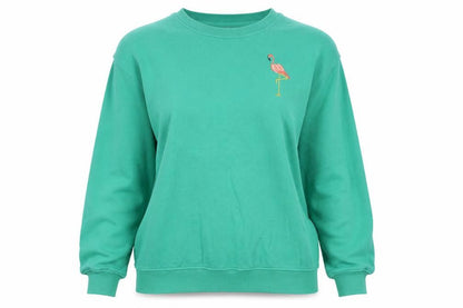 Sugarhill Brighton Women Green Flamingo Embroidered Pullover Sweatshirt Size M