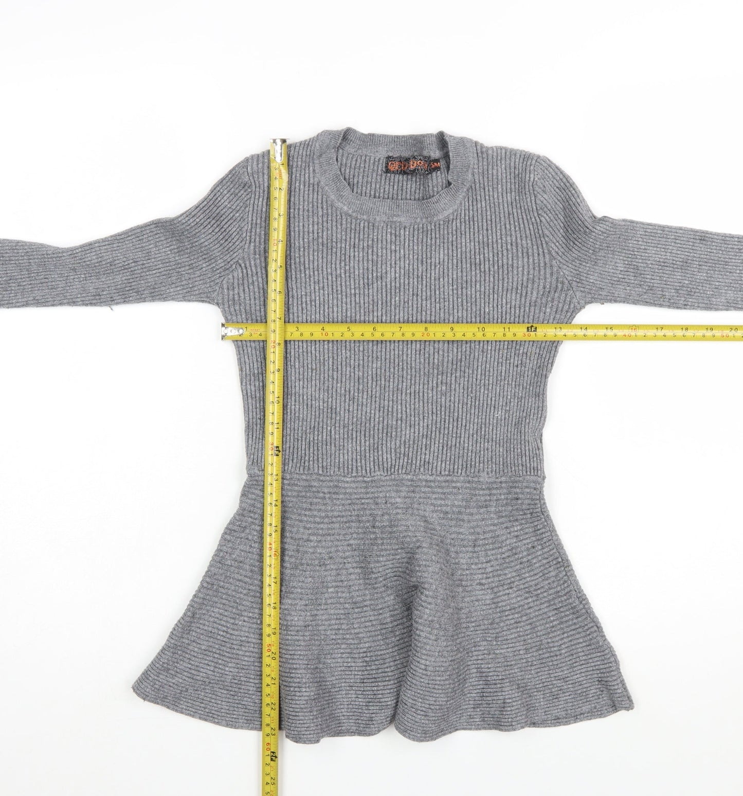 QED London Women's Grey Ribbed Knit Peplum Jumper Size S
