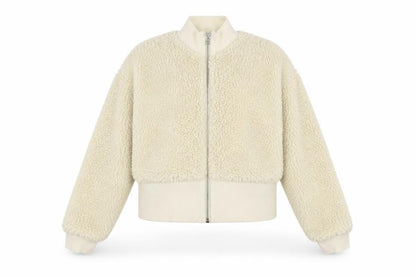 Weekday Women Ivory Cropped Fleece Bomber Jacket Size M