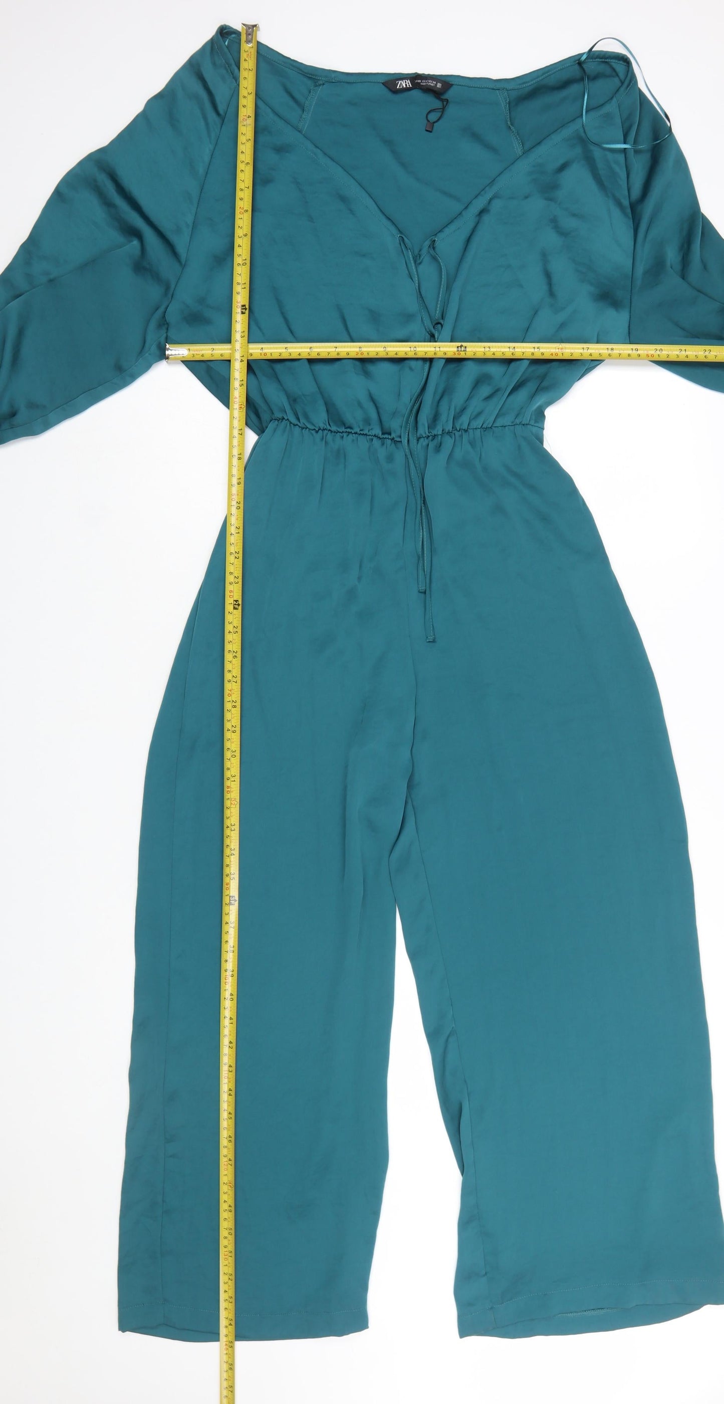 Zara Women Teal Long Sleeve V-Neck Jumpsuit Size XS Polyester