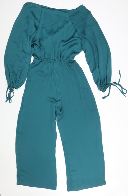 Zara Women Teal Long Sleeve V-Neck Jumpsuit Size XS Polyester