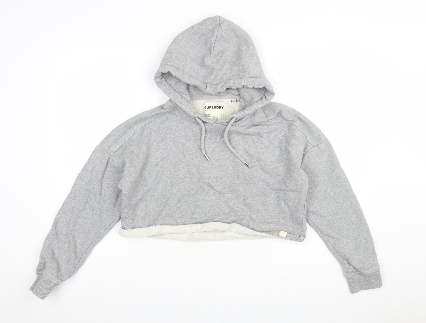 Superdry Womens Grey Cropped Hoodie UK 10 Pullover Hooded Sweatshirt