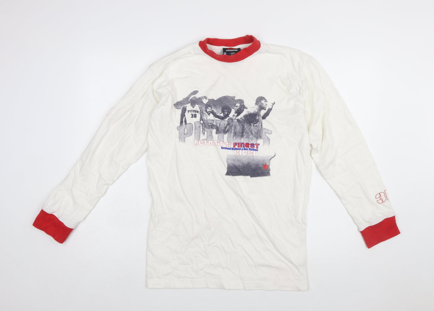 NBA Licensed Men's White Red Long Sleeve Detroit Pistons T-Shirt Size S