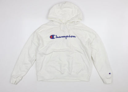 Champion Mens White Pullover Hoodie L Logo Athletic Fleece Sweatshirt