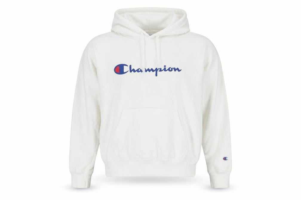 Champion Mens White Pullover Hoodie L Logo Athletic Fleece Sweatshirt