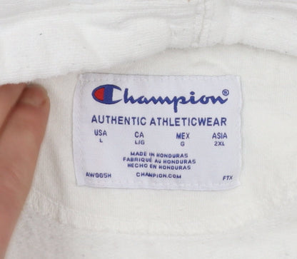 Champion Mens White Pullover Hoodie L Logo Athletic Fleece Sweatshirt