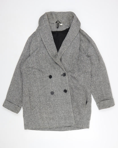 H&M Divided Women's Grey Herringbone Pea Coat Size M Wool Blend