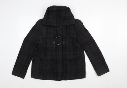 H&M Women Black Check Wool Blend Toggle Duffle Coat Size 10