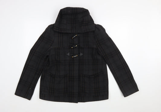 H&M Women Black Check Wool Blend Toggle Duffle Coat Size 10