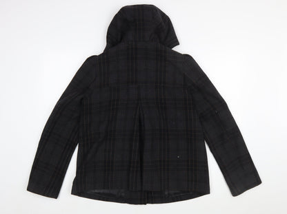 H&M Women Black Check Wool Blend Toggle Duffle Coat Size 10