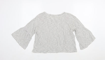 Hollister Women White Striped Embroidered Cropped Bell Sleeve T-Shirt XS