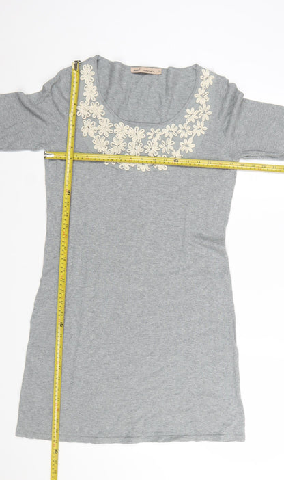 Next Women Grey Knit Shift Dress Size 14 Scoop Neck 3/4 Sleeve
