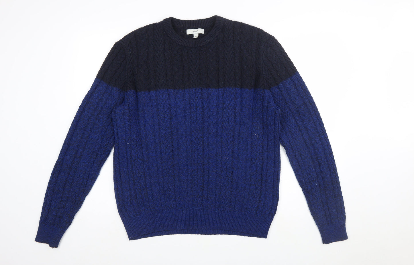 Marks and Spencer Men’s Blue Cable-Knit Crew Neck Jumper Size L