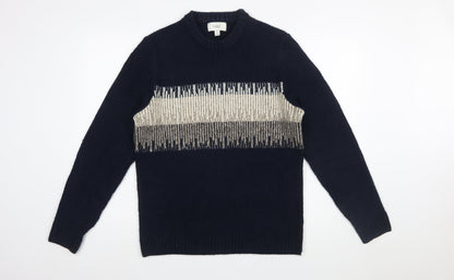 Marks and Spencer Men's Blue Geometric Wool Blend Crew Neck Jumper M