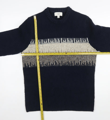 Marks and Spencer Men's Blue Geometric Wool Blend Crew Neck Jumper M