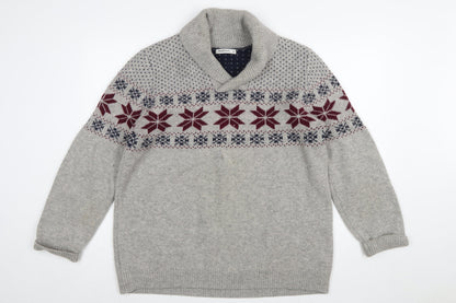 WoolOvers Men’s Grey Fair Isle Lambswool Roll Neck Jumper XL