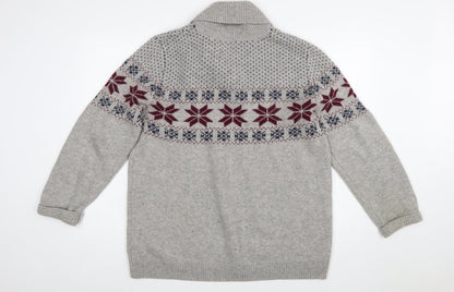 WoolOvers Men’s Grey Fair Isle Lambswool Roll Neck Jumper XL