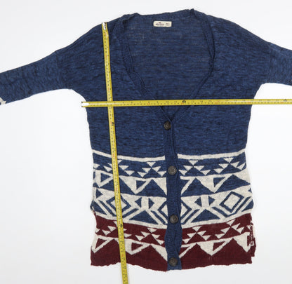 Hollister Women Blue Aztec Knit Long Sleeve Cardigan M