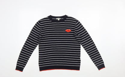 Whistles Women Navy Striped Cotton Jumper with Red Lips Motif Size 12