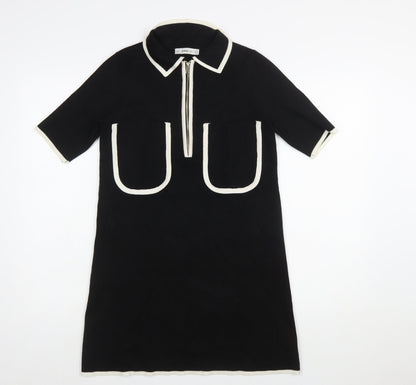 Zara Women Black Collared Knit Shift Dress Size S