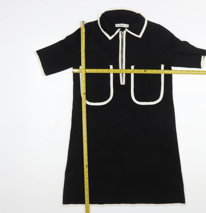Zara Women Black Collared Knit Shift Dress Size S