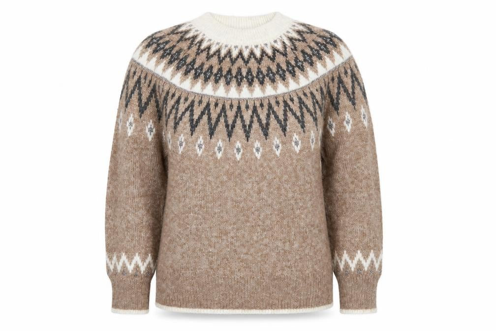 Tu Women Beige Fair Isle Knit Jumper Size 10 Crew Neck Long Sleeve