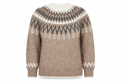 Tu Women Beige Fair Isle Knit Jumper Size 10 Crew Neck Long Sleeve