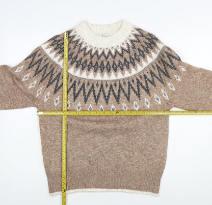 Tu Women Beige Fair Isle Knit Jumper Size 10 Crew Neck Long Sleeve