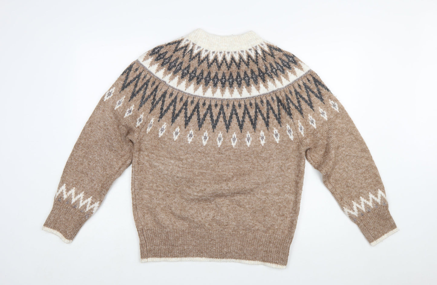 Tu Women Beige Fair Isle Knit Jumper Size 10 Crew Neck Long Sleeve