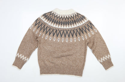 Tu Women Beige Fair Isle Knit Jumper Size 10 Crew Neck Long Sleeve