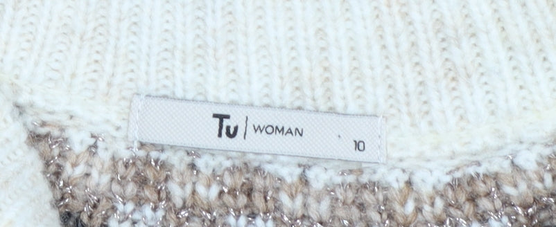 Tu Women Beige Fair Isle Knit Jumper Size 10 Crew Neck Long Sleeve