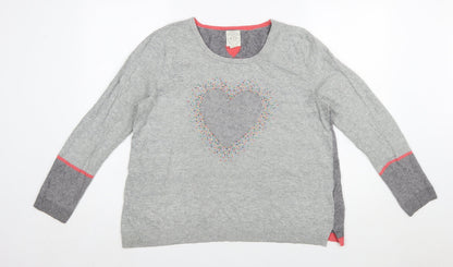 White Stuff Women Grey Heart Pullover Jumper Size 16 Cotton Blend