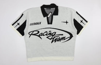 boohooMAN Men’s White Racing Team Collared Knit Jumper 2XL