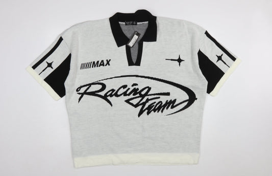 boohooMAN Men’s White Racing Team Collared Knit Jumper 2XL