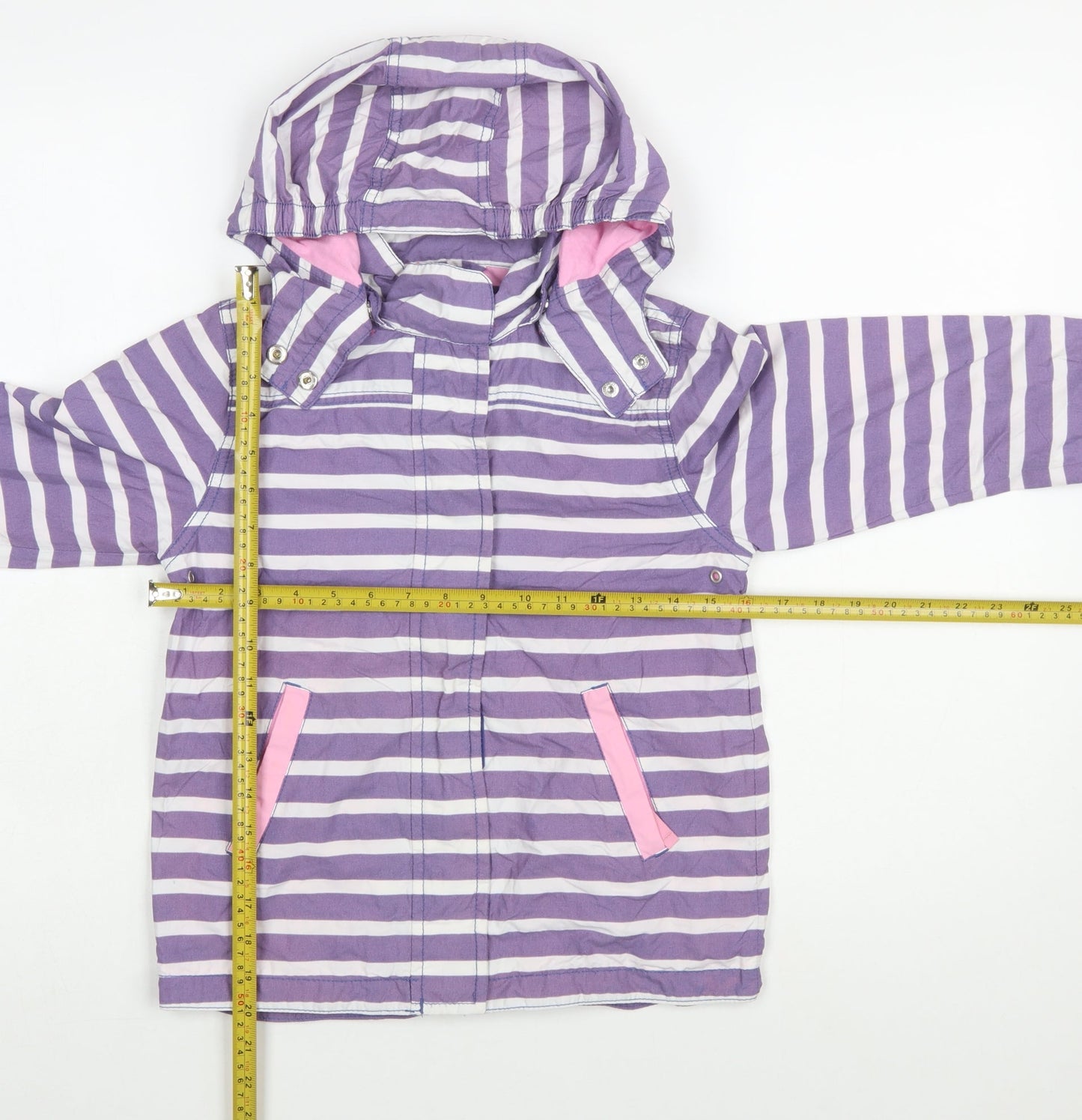 Mini Boden Girls Purple Striped Hooded Rain Coat 7-8 Years Cotton Lined Jacket